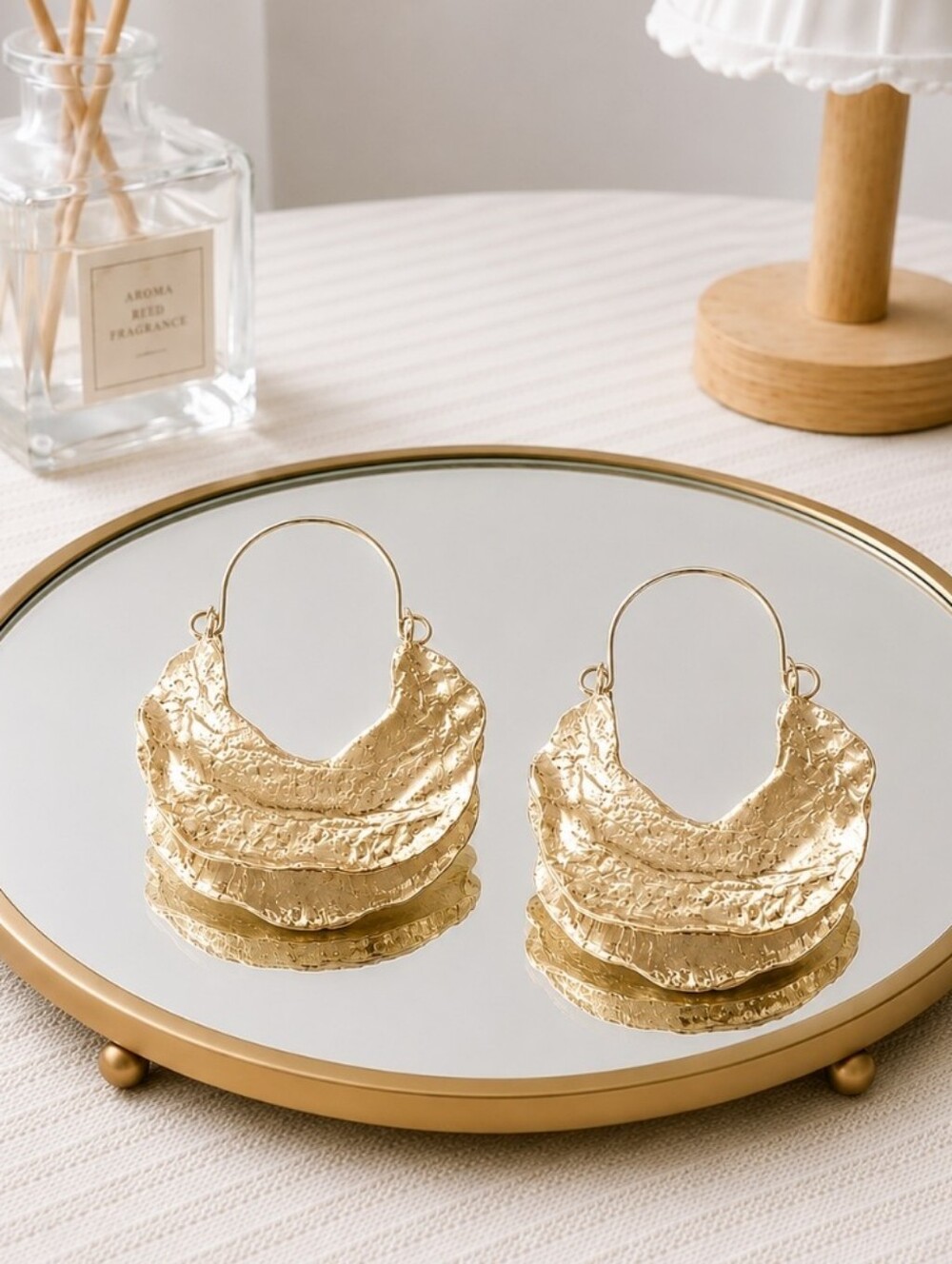 Gold Textured Wonton Hoop Earrings